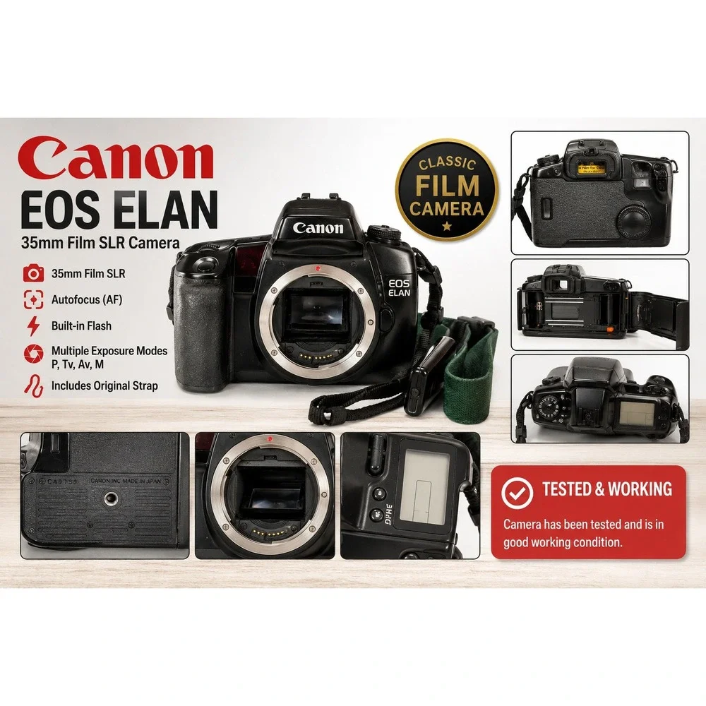 Canon EOS Elan 35mm SLR Film Camera Body Only Black Made in Japan TESTED & WORKS